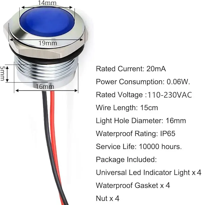 LAMPARA INDICADORA LEZ AZUL 20MA 110-220V AGUJERO 16 MM