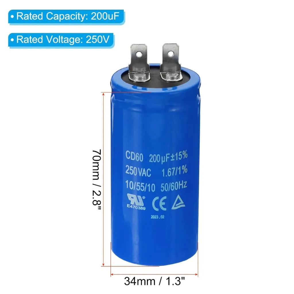 CONDENSADOR DE FUNCIONAMIENTO 200uF/MFD 250VAC 15% Tolerancia 50/60Hz